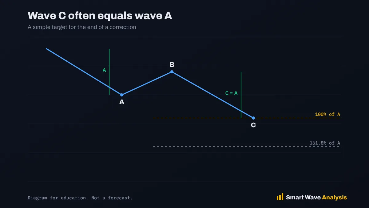 Diagram of an A B C correction where wave C is equal in length to wave A