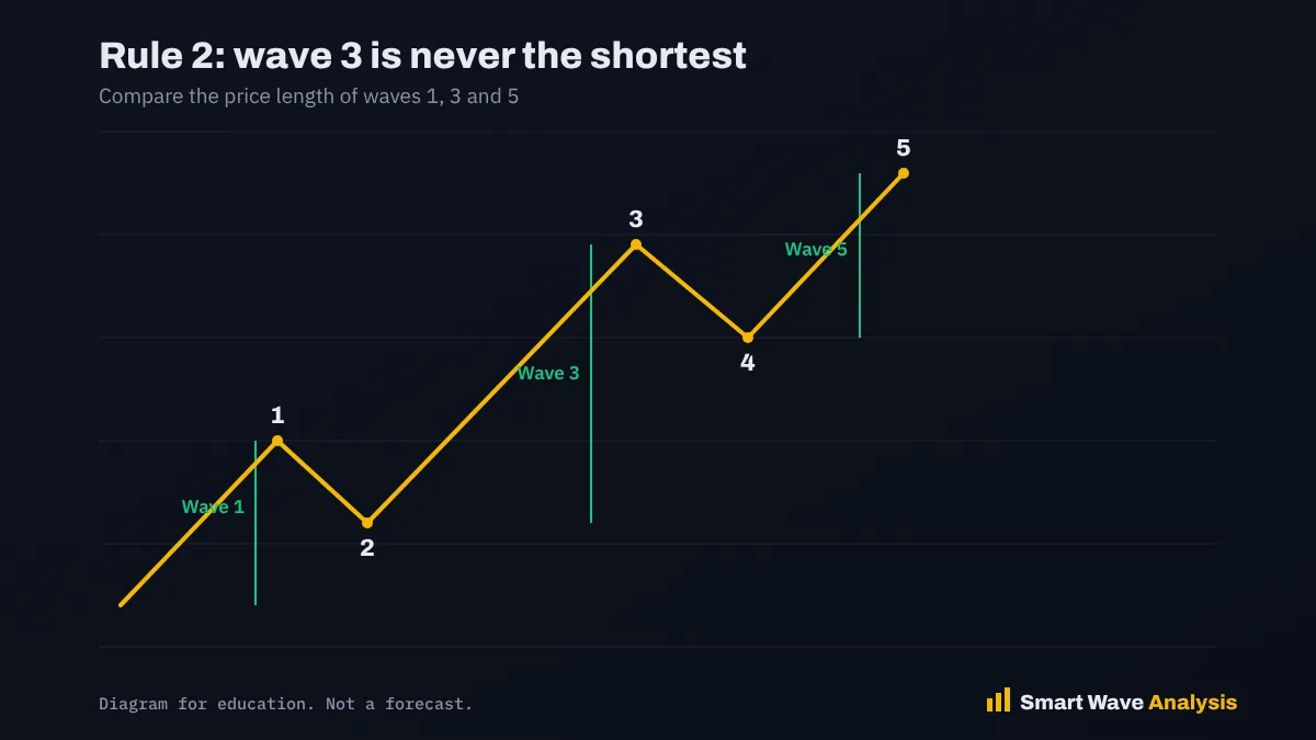 Diagram of Elliott Wave rule 2 comparing the lengths of waves 1, 3 and 5 with wave 3 the longest
