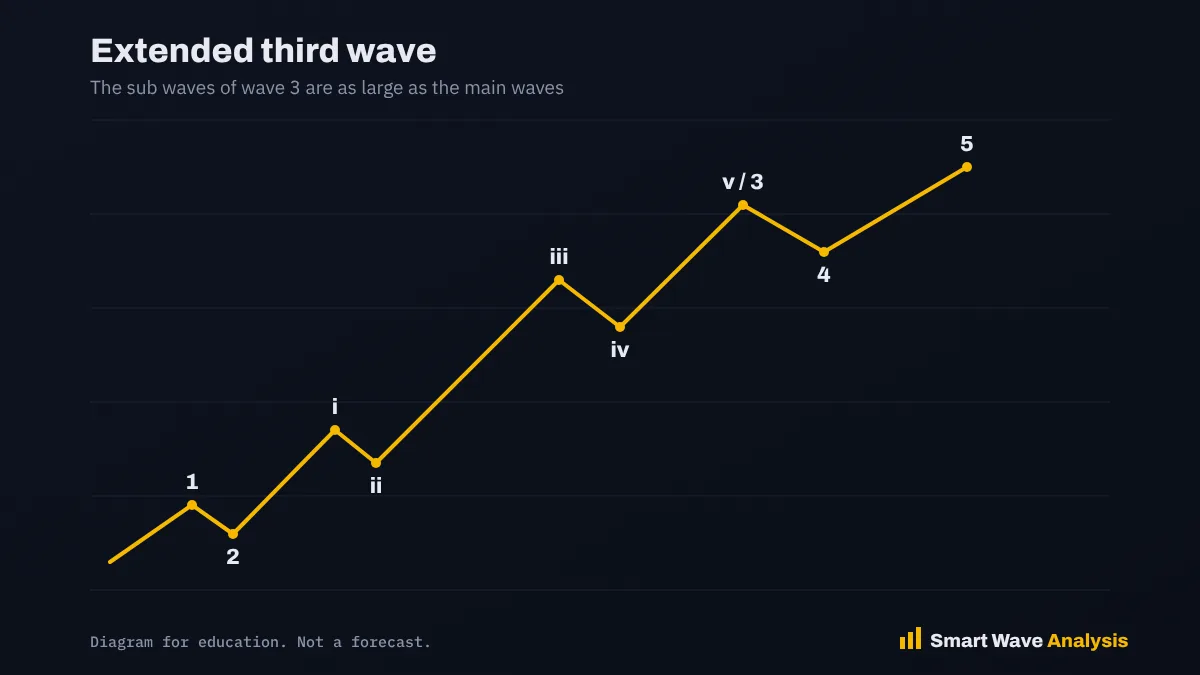 Extended third wave Elliott Wave diagram with an extended wave 3 showing five large sub waves
