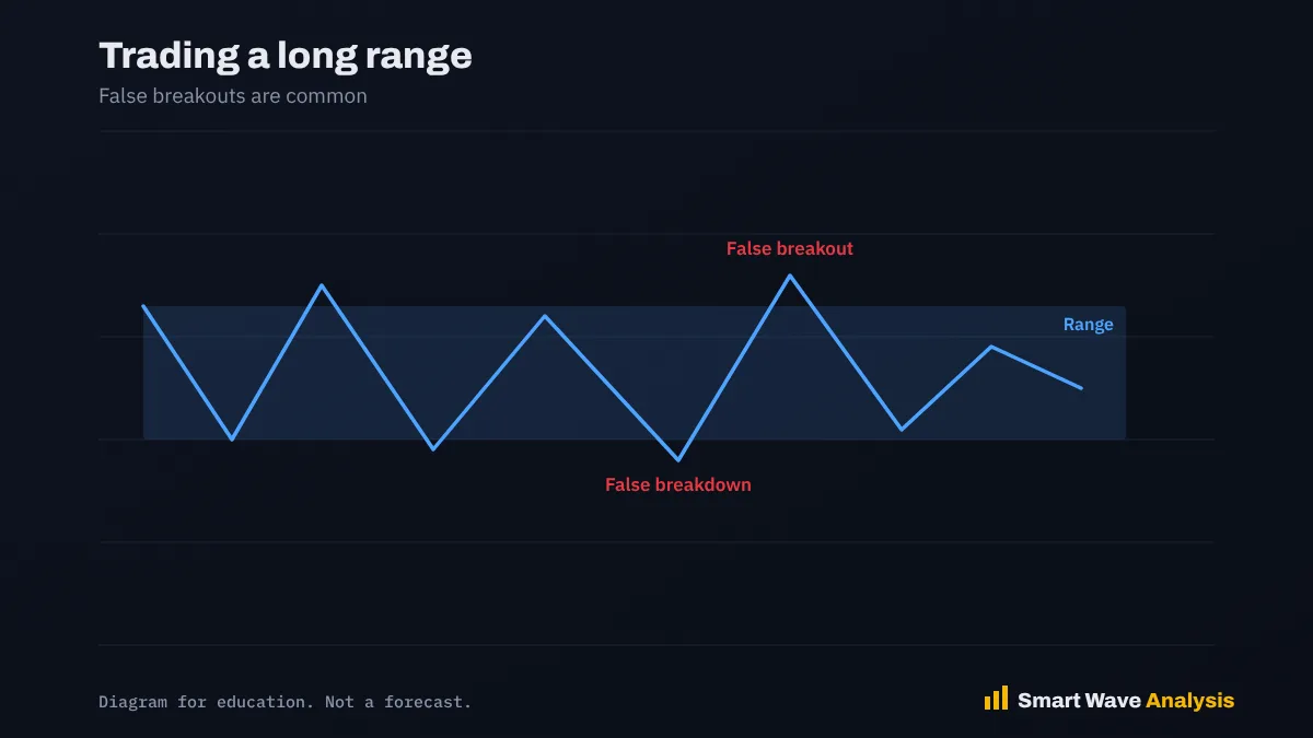Trading a long range Diagram of a long sideways range with false breakouts on both sides