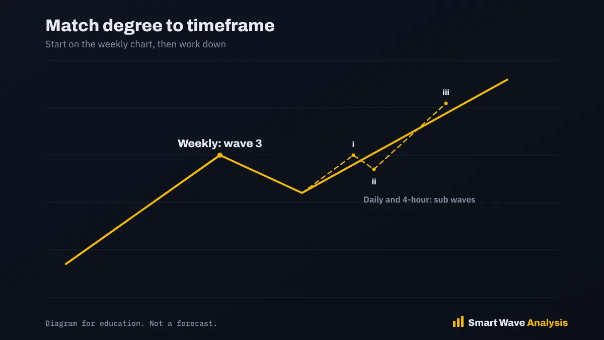 Match degree to timeframe Diagram linking Elliott Wave degrees to weekly, daily and hourly chart timeframes