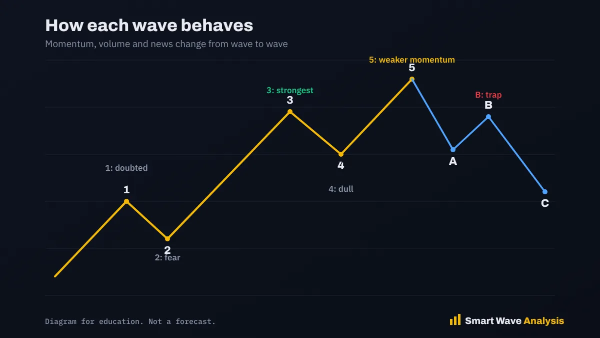 Elliott Wave personality diagram with notes on volume and sentiment for each of the eight waves