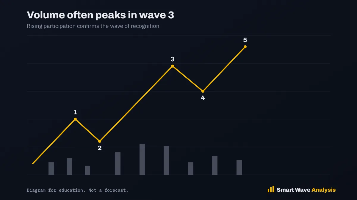 Elliott Wave diagram with volume bars that are highest during wave 3