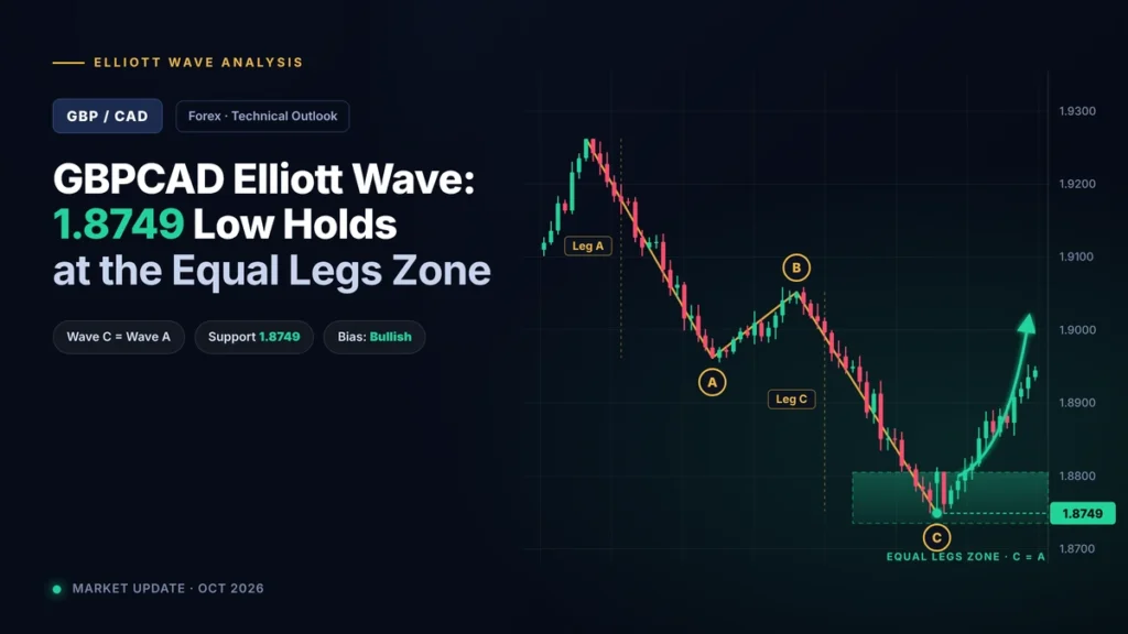 GBPCAD Elliott Wave chart showing the 1.8749 low holding at the equal legs zone where wave C equals wave A