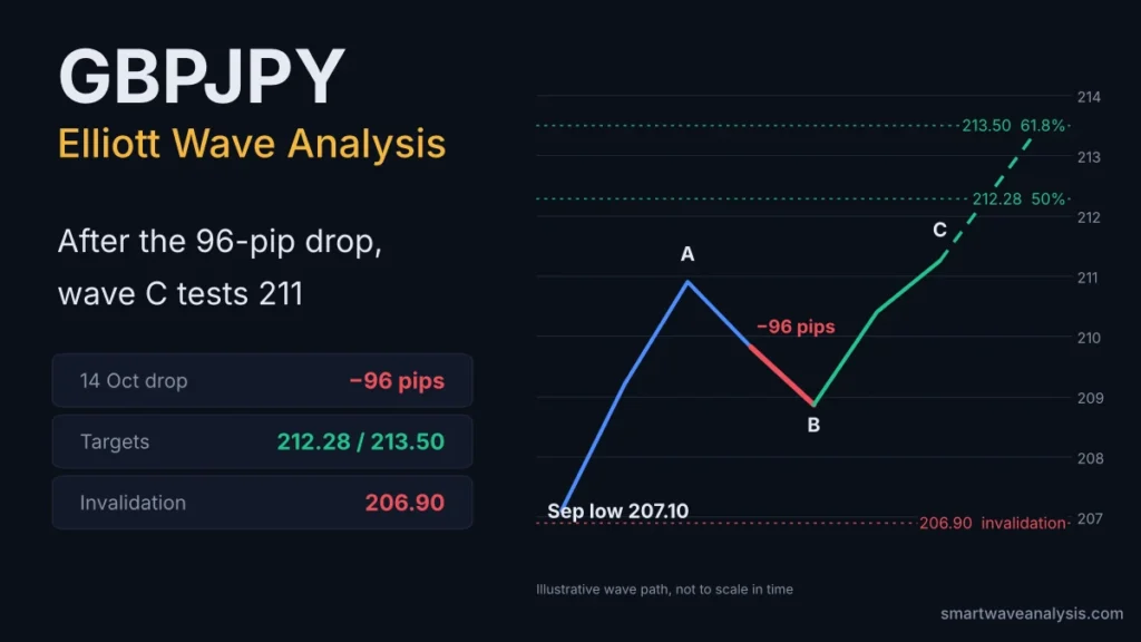 GBPJPY Elliott Wave chart showing the 96-pip drop as wave B and wave C targets at 212.28 and 213.50