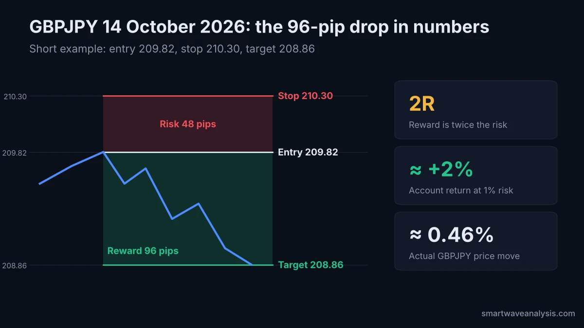 GBPJPY 14 October 2026 drop from 209.82 to 208.86, 96 pips with a 48-pip risk, a 2R move