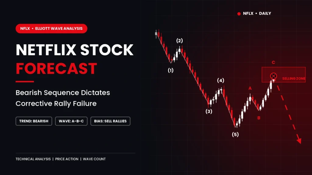 Netflix stock forecast: NFLX Elliott Wave chart showing a bearish five-wave decline and a corrective A-B-C rally failing at the selling zone